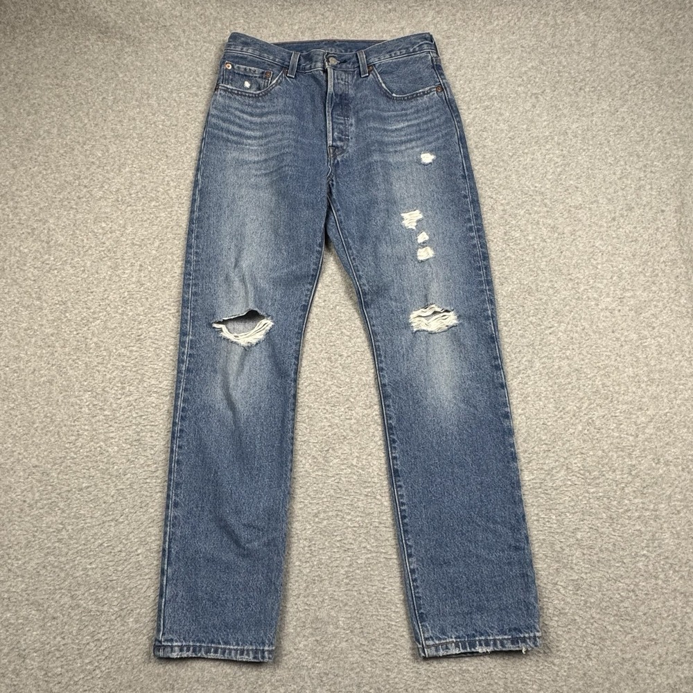 Levis 501 Button Fly‎ Jeans Mens 28x30 Straight Cotton Denim Red Tab Distressed